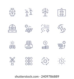 Conjunto de iconos de energía renovable. Icono de línea delgada. Trazo editable. Con biogás, molino de viento, molino de agua, panel solar, energía solar, energía solar, eólica, agua, energía eólica, energía eólica, energía renovable.