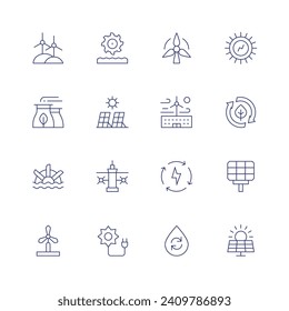 Renewable energy icon set. Thin line icon. Editable stroke. Containing wind power, hydro power, factory, solar panel, water mill, tidal power, windmill, solar energy, wind energy, clean energy.