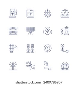 Renewable energy icon set. Thin line icon. Editable stroke. Containing biofuel, solar panels, solar panel, plant, wind power, wind energy, eolic, ocean energy, renewable, renewable energy.