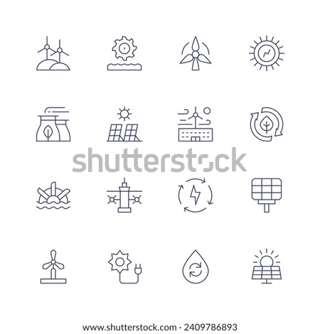 Renewable energy icon set. Thin line icon. Editable stroke. Containing wind power, hydro power, factory, solar panel, water mill, tidal power, windmill, solar energy, wind energy, clean energy.