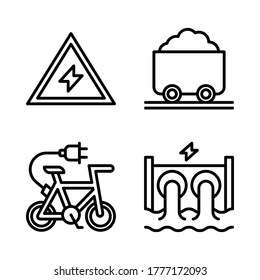 Symbol für erneuerbare Energien = Warnzeichen, Kohle, Elektrofahrrad, Wasserkraft.
Perfekt für mobile App, Präsentationen, Illustrationen und andere Projekte.