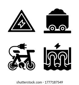 Renewable Energy icon set = warning sign, coal, electric bike, hydropower.
Perfect for website mobile app, presentation, illustration and any other projects.