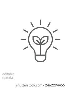 Renewable energy icon. Simple outline style. Shining electric ecology light bulb, leaf, eco, green, sustainable energy concept. Thin line symbol. Vector illustration isolated. Editable stroke.