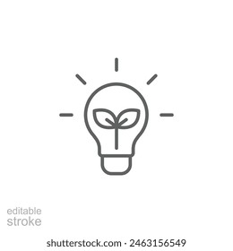 Renewable energy icon. Simple outline style. Shining electric ecology light bulb, leaf, eco, green, sustainable energy concept. Thin line symbol. Vector illustration isolated. Editable stroke.