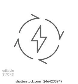 Renewable energy icon. Simple outline style. Cycle, electricity, design, arrow, circle, lightning, electrical, recycle energy concept. Thin line symbol. Vector illustration isolated. Editable stroke.