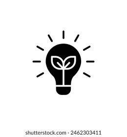 Renewable energy icon. Simple solid style. Shining electric ecology light bulb, leaf, eco, green, sustainable energy concept. Silhouette, glyph symbol. Vector illustration isolated.