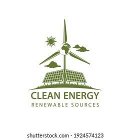 renewable energy icon with wind turbine and solar panel isolated on white background