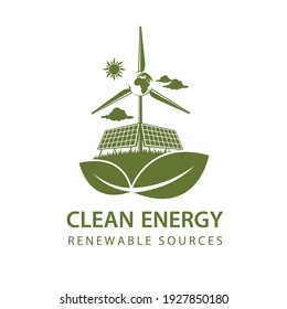 renewable energy icon with wind turbine and solar panel isolated on white background