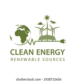 renewable energy icon with wind turbine, solar panel and earth isolated on white background