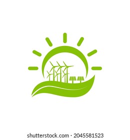 renewable energy icon with wind turbine, solar panel logo icon isolated on white background. Vector illustration