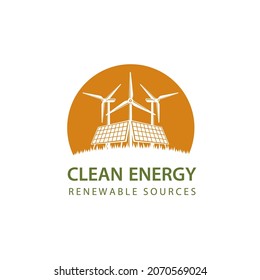renewable energy icon with wind turbine and solar panel isolated on white background