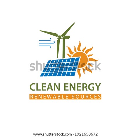 renewable energy icon with wind turbine, solar panel and sun isolated on white background