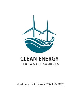 renewable energy icon with wind turbines and sea waves isolated on white background