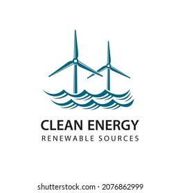 renewable energy icon with wind turbines and sea waves isolated on white background