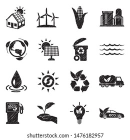 Renewable Energy Icons. Black Scribble Design. Vector Illustration.