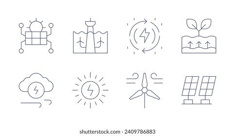 Symbole für erneuerbare Energien. Bearbeitbarer Strich. Mit Solarpaneelen, Gezeitenenergie, Windkraft, Sonnenenergie, erneuerbarer Energie und Erdwärme.