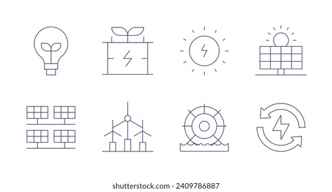 Renewable energy icons. Editable stroke. Containing light bulb, solar panels, wind turbine, sun energy, solar energy, hydraulic, renewable energy, eco.