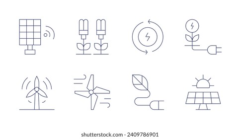 Renewable energy icons. Editable stroke. Containing solar panel, plant, wind power, wind energy, renewable energy, eco energy, electricity.