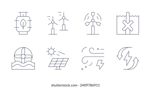 Renewable energy icons. Editable stroke. Containing biogas, windmill, water mill, solar panel, eolic energy, water, wind, renewable energy.