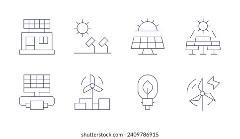 Renewable energy icons. Editable stroke. Containing solar panel, windmill, solar energy, energy saving, wind energy.