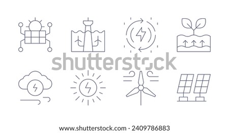 Renewable energy icons. Editable stroke. Containing solar panel, tidal power, wind power, solar energy, renewable energy, geothermal energy.
