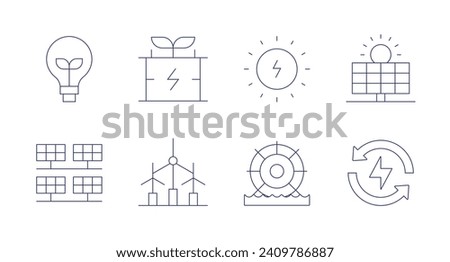 Renewable energy icons. Editable stroke. Containing light bulb, solar panels, wind turbine, sun energy, solar energy, hydraulic, renewable energy, eco.