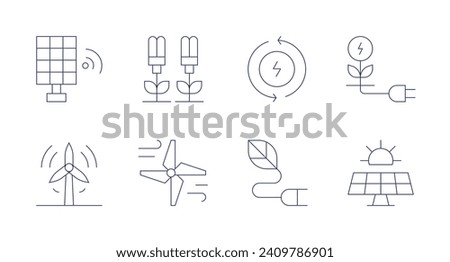 Renewable energy icons. Editable stroke. Containing solar panel, plant, wind power, wind energy, renewable energy, eco energy, electricity.