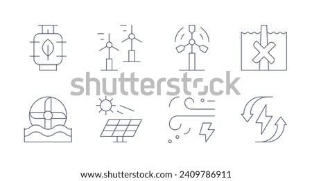Renewable energy icons. Editable stroke. Containing biogas, windmill, water mill, solar panel, eolic energy, water, wind, renewable energy.