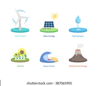 Renewable Energy Icons & Elements. Solar Energy, Hydro Power, Wind Power, Wave Power, Bio Fuel And Geothermal Energy. Vector Illustration.