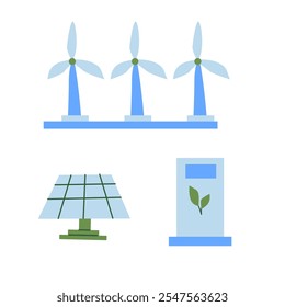 Renewable energy icons featuring wind turbines, solar panel, and eco-friendly battery.