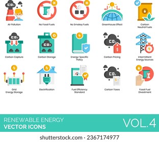 Renewable Energy Icons including Accumulator, Air Cooling, Heating, Pollution, Battery, Biosphere Conservation, Neutral Fuels, Pricing, Carbon Storage, Carbon Taxes, Charging Station, Clean Energy