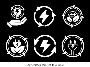Renewable energy icons set design. Renewable power sign symbol white on black background