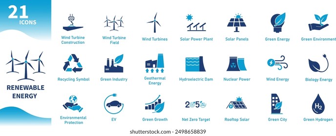 Renewable Energy Icons. Set of flat icons on environment, electricity generation, net zero, electric vehicles, green energy, nature, wind turicons. Solid vector icons