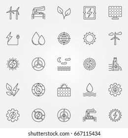 Renewable energy icons set - vector green energy concept symbols or design elements in thin line style