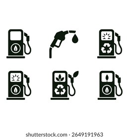Renewable Energy Icons Sustainable Fuel Biofuel Recycling Eco Friendly Gas Station Symbols Black and White Vector Graphics
