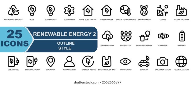Renewable energy icons.outline style. greenhouse,earth temperature,environment,ozone,greenhouse effect,clean factory.
