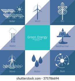 Renewable energy in the illustrated. Vector green energy. Connect to renewable energy - ecology background / eco energy concept with set of energy icons.