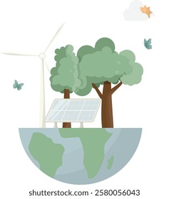 Renewable Energy Illustration on Half Earth Globe isolated on transparent background. Sustainable energy and environmental conservation. Energy saving. Earth day. Vector illustration