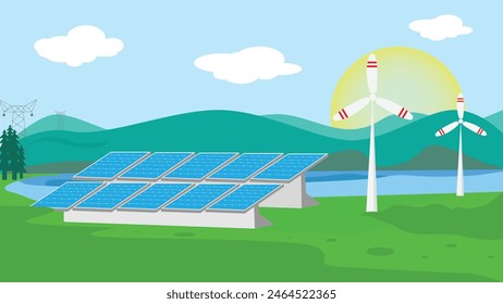 Renewable Energy Illustration with a Scenic Background. solar panel and windmill,  perfect for projects focused on clean energy, environmental education, and sustainability campaigns. 