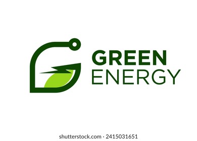 Diseño del logotipo de la industria de la energía renovable, respetuoso con el medio ambiente, símbolo de hojas verdes y alumbrado eléctrico de tablero de circuitos.