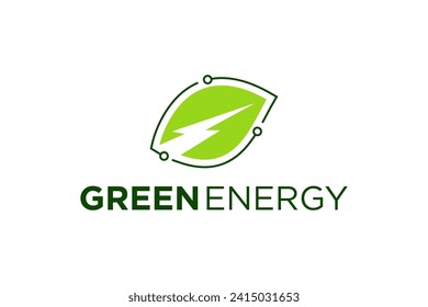 Renewable energy industry logo design, environmentally friendly, symbol of green leaves and circuit board electrical lightning.