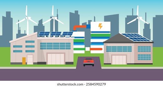 Renewable Energy Industry - Sustainable Factories with Solar Panels and Wind Turbines 2d flat vector illustrations