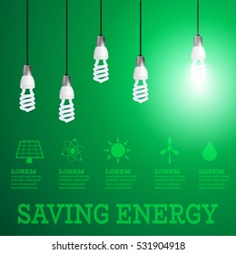 Renewable energy infographic.Lightbulbs on wires with Alternative energy resources logos-solar panel,fusion power,solar electricity,wind turbine,hydro energy.Luminous bulb on green Luminous background