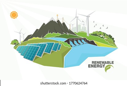 infografías de energía renovable con elementos del agua del viento solar y de la tierra. Ilustración del vector