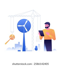 Renewable Energy Innovations. Illustration of a man with a tablet overseeing the construction of a wind turbine, symbolizing renewable energy advancements. Technological progress in sustainable energy