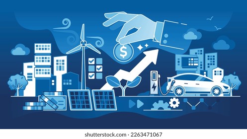 Renewable energy investment with financial funding dark outline concept. Alternative and recyclable power sources, electrical vehicles and solar or wind electricity development vector illustration.