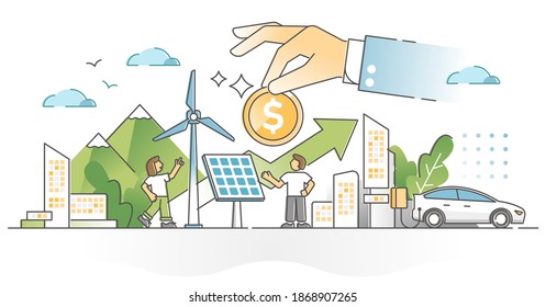 Renewable energy investment as natural future fund strategy outline concept. Alternative electricity and power production financial profit for zero emissions climate approach vector illustration.
