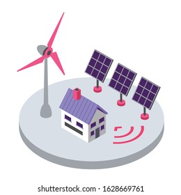 Renewable energy isometric color vector illustration. Eco friendly electricity source. Smart home solar panel and windmill wireless remote control 3d concept isolated on white background
