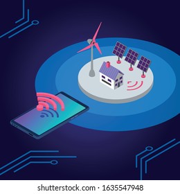 Renewable energy isometric color vector illustration. Eco friendly electricity source wireless remote control. Smart home solar panel and windmill 3d concept isolated on blue background