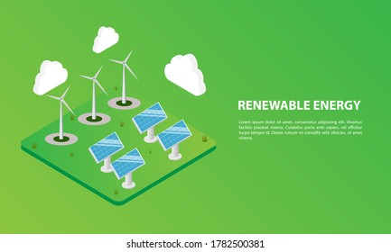 Renewable Energy isometric green gradient background with solar panel, windmill, and cloud